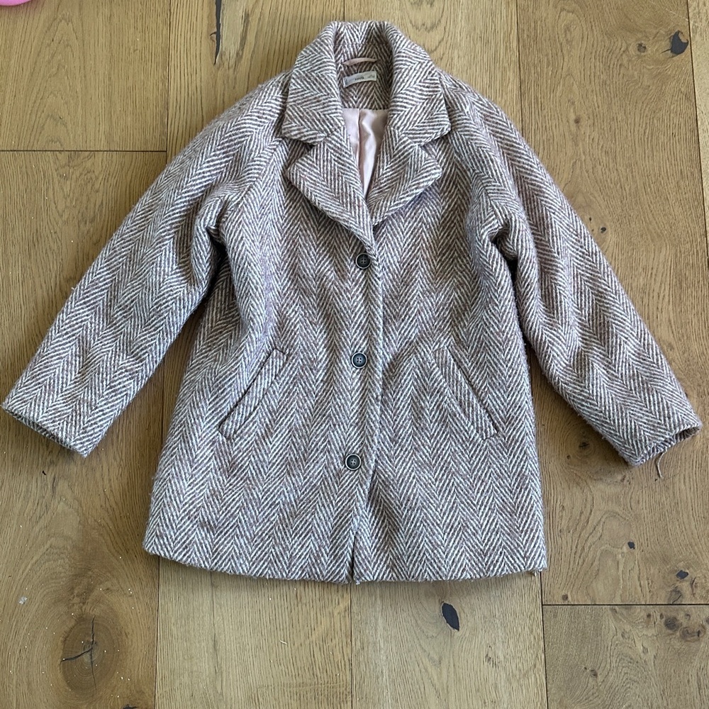 Mango girls Herringbone Pea Coat dusty pink 10 wool blend